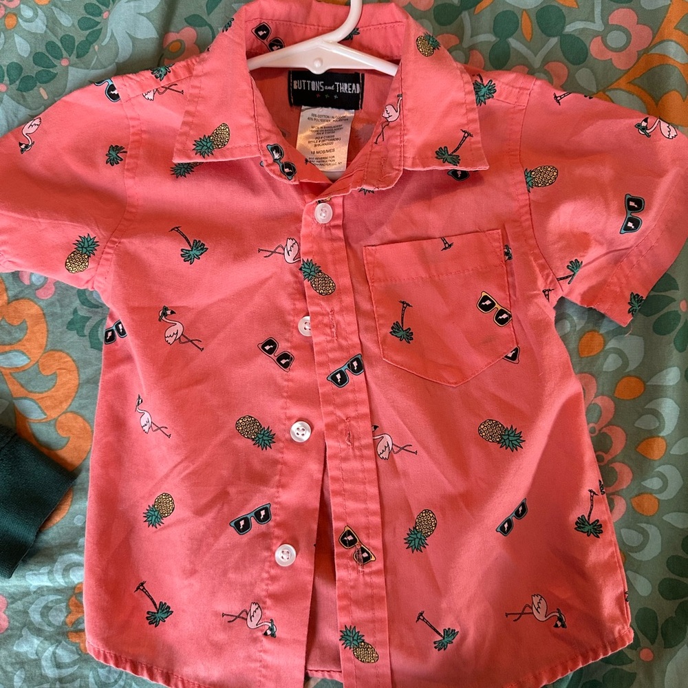 Kids Summer Button Down Shirt Coral With Pineapples and flamingos